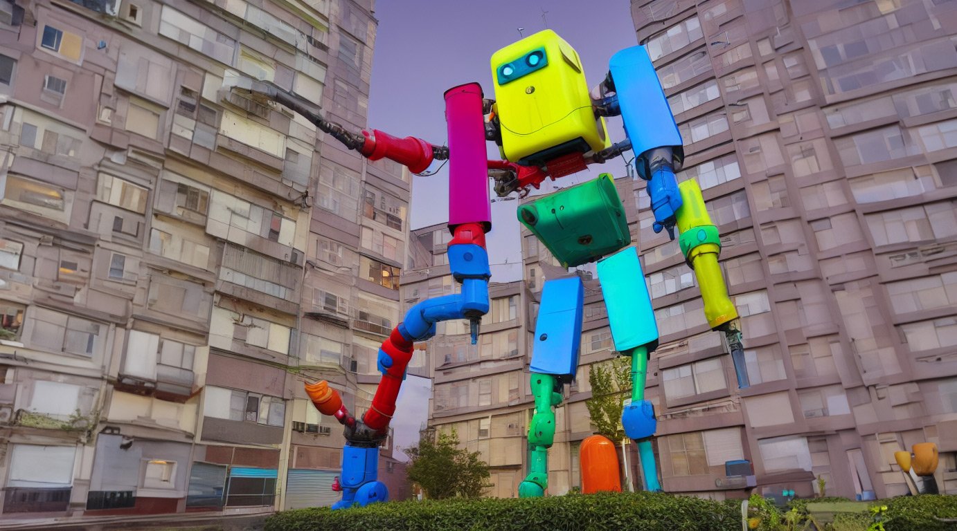 A giant colourful robot sculpture standing among apartment buildings